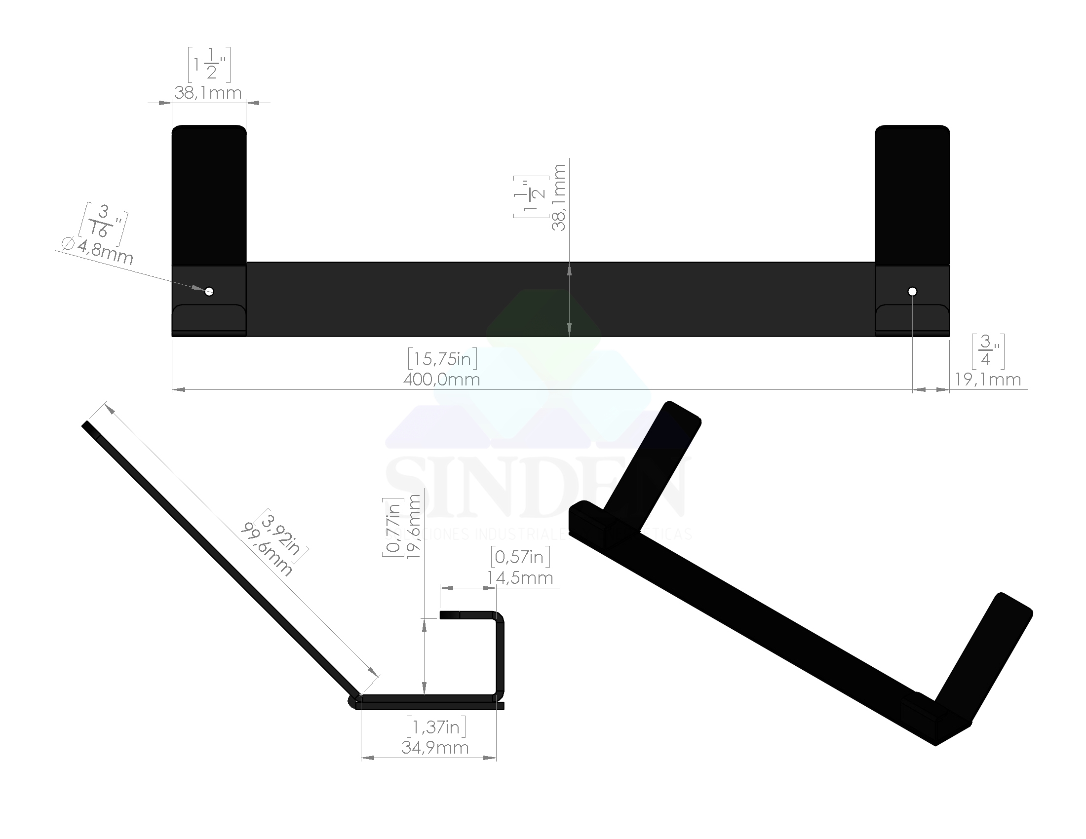 Plano dimensional del perchero para chaquetas con vistas frontal, lateral e isométrica