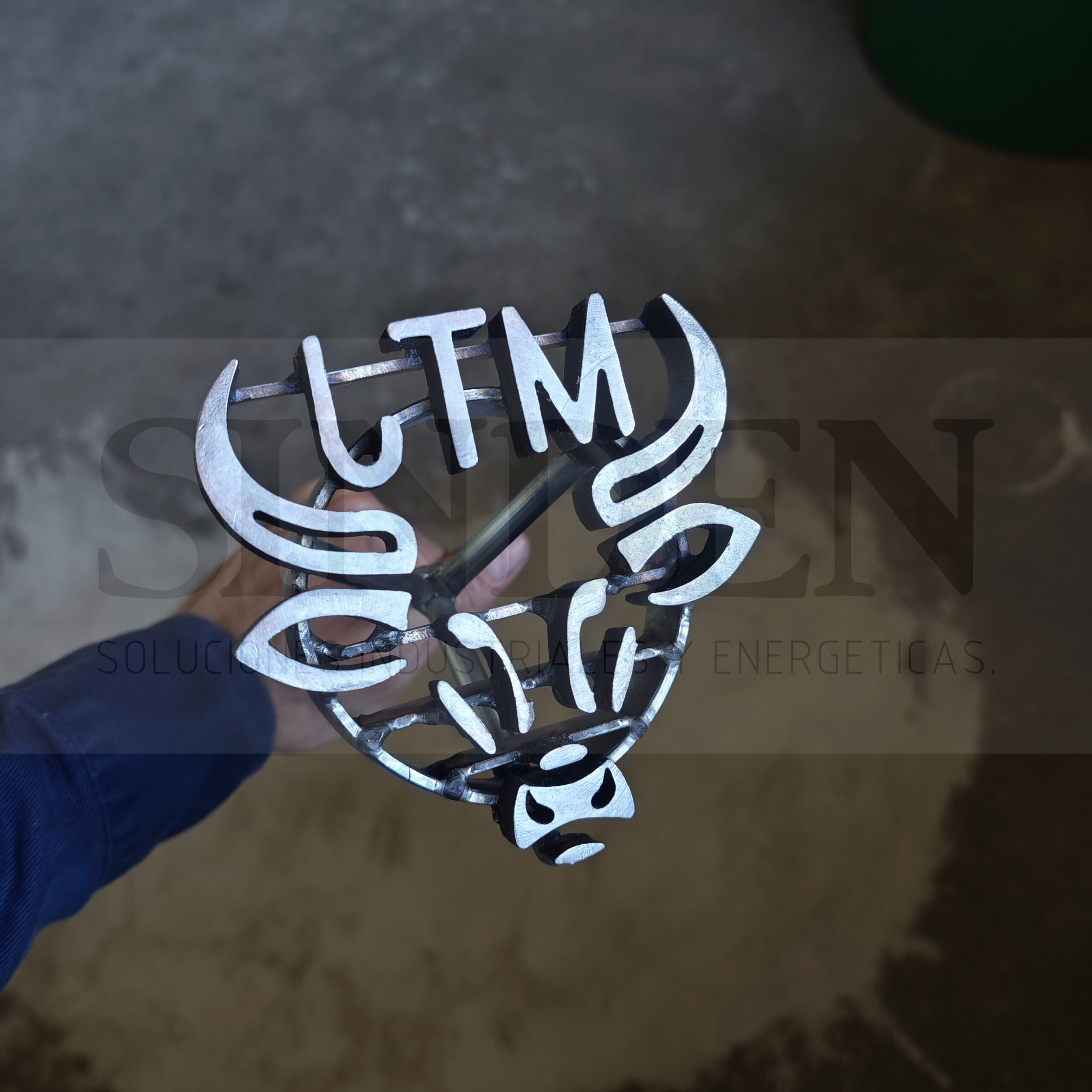 Marca con letras CTM en forma de cabeza de toro, recortada en acero inoxidable