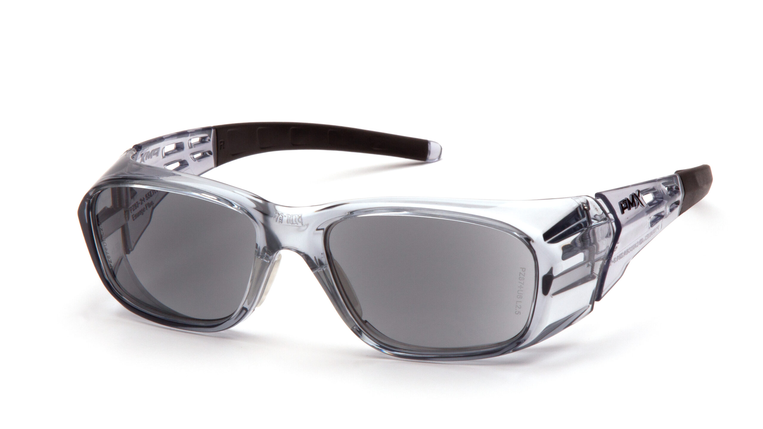 Gafas de seguridad Pyramex SG9820R20 con marco gris traslúcido y lente gris, vista de frente en ángulo