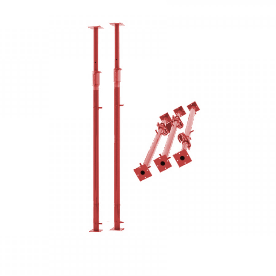 Parales metálicos para construcción pintados de rojo en versiones extendida y compacta